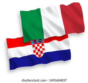 National vector fabric wave flags of Italy and Croatia isolated on white background. 1 to 2 proportion.
