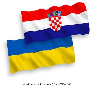 National vector fabric wave flags of Croatia and Ukraine isolated on white background. 1 to 2 proportion.