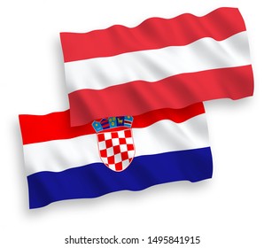 National vector fabric wave flags of Austria and Croatia isolated on white background. 1 to 2 proportion.