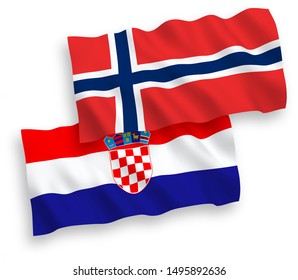 National vector fabric wave flags of Norway and Croatia isolated on white background. 1 to 2 proportion.