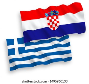 National vector fabric wave flags of Greece and Croatia isolated on white background. 1 to 2 proportion.