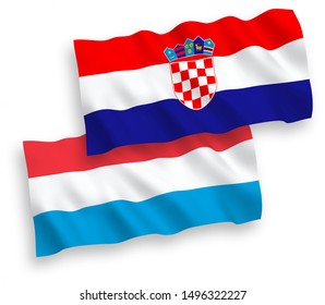 National vector fabric wave flags of Croatia and Luxembourg isolated on white background. 1 to 2 proportion.