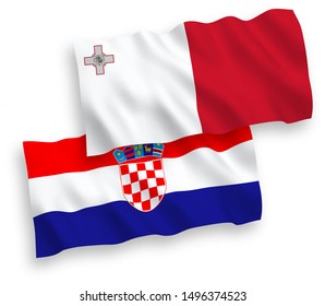 National vector fabric wave flags of Malta and Croatia isolated on white background. 1 to 2 proportion.