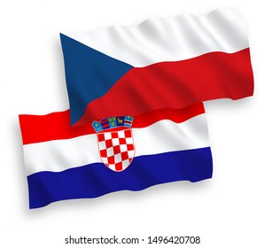 National vector fabric wave flags of Czech Republic and Croatia isolated on white background. 1 to 2 proportion.