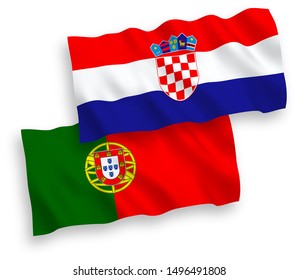 National vector fabric wave flags of Portugal and Croatia isolated on white background. 1 to 2 proportion.