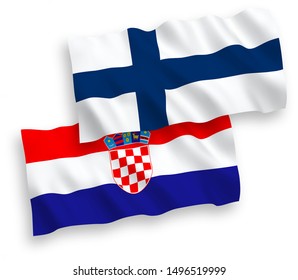 National vector fabric wave flags of Finland and Croatia isolated on white background. 1 to 2 proportion.