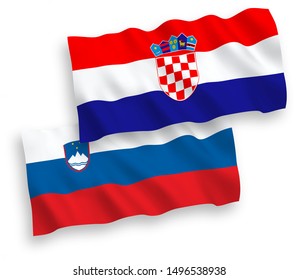 National vector fabric wave flags of Slovenia and Croatia isolated on white background. 1 to 2 proportion.