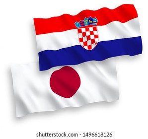 National vector fabric wave flags of Japan and Croatia isolated on white background. 1 to 2 proportion.