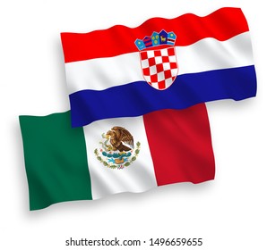 National vector fabric wave flags of Mexico and Croatia isolated on white background. 1 to 2 proportion.