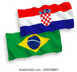 National vector fabric wave flags of Brazil and Croatia isolated on white background. 1 to 2 proportion.
