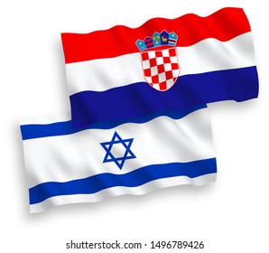 National vector fabric wave flags of Croatia and Israel isolated on white background. 1 to 2 proportion.