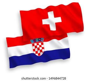 National vector fabric wave flags of Croatia and Switzerland isolated on white background. 1 to 2 proportion.