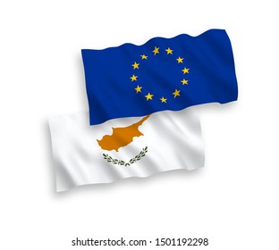 National vector fabric wave flags of European Union and Cyprus isolated on white background. 1 to 2 proportion.