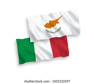 National vector fabric wave flags of Italy and Cyprus isolated on white background. 1 to 2 proportion.