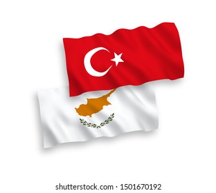 National vector fabric wave flags of Turkey and Cyprus isolated on white background. 1 to 2 proportion.