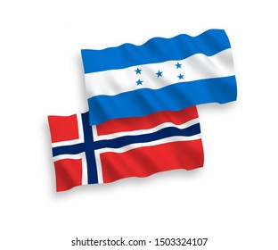 National vector fabric wave flags of Norway and Honduras isolated on white background. 1 to 2 proportion.