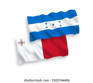 National vector fabric wave flags of Malta and Honduras isolated on white background. 1 to 2 proportion.
