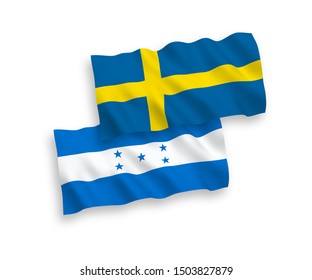 National vector fabric wave flags of Sweden and Honduras isolated on white background. 1 to 2 proportion.