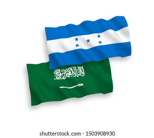 National vector fabric wave flags of Saudi Arabia and Honduras isolated on white background. 1 to 2 proportion.