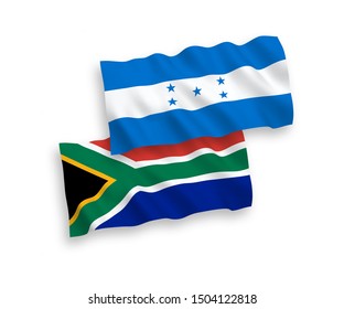 National vector fabric wave flags of Honduras and Republic of South Africa isolated on white background. 1 to 2 proportion.