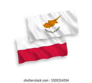 National vector fabric wave flags of Cyprus and Poland isolated on white background. 1 to 2 proportion.