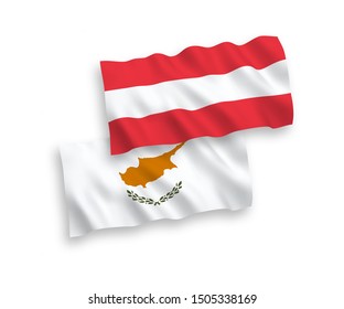National vector fabric wave flags of Austria and Cyprus isolated on white background. 1 to 2 proportion.
