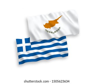 National vector fabric wave flags of Greece and Cyprus isolated on white background. 1 to 2 proportion.