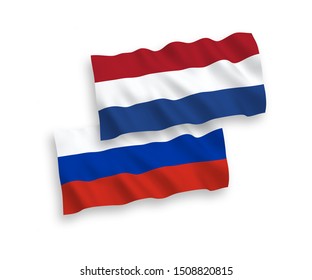 National vector fabric wave flags of Netherlands and Russia isolated on white background. 1 to 2 proportion.