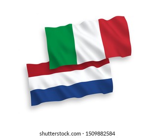 National vector fabric wave flags of Italy and Netherlands isolated on white background. 1 to 2 proportion.