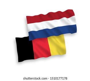 National vector fabric wave flags of Netherlands and Belgium isolated on white background. 1 to 2 proportion.