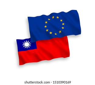 National vector fabric wave flags of European Union and Taiwan isolated on white background. 1 to 2 proportion.