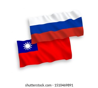 National vector fabric wave flags of Taiwan and Russia isolated on white background. 1 to 2 proportion.