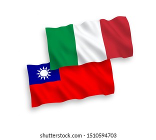 National vector fabric wave flags of Italy and Taiwan isolated on white background. 1 to 2 proportion.