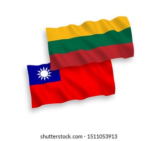National vector fabric wave flags of Lithuania and Taiwan isolated on white background. 1 to 2 proportion.