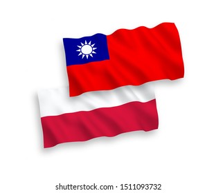 National vector fabric wave flags of Taiwan and Poland isolated on white background. 1 to 2 proportion.