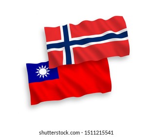 National vector fabric wave flags of Norway and Taiwan isolated on white background. 1 to 2 proportion.
