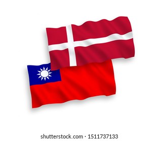 National vector fabric wave flags of Denmark and Taiwan isolated on white background. 1 to 2 proportion.