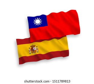 National vector fabric wave flags of Taiwan and Spain isolated on white background. 1 to 2 proportion.