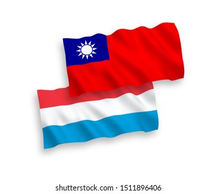 National vector fabric wave flags of Taiwan and Luxembourg isolated on white background. 1 to 2 proportion.