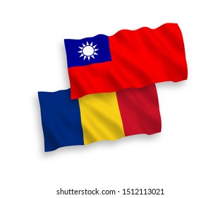 National vector fabric wave flags of Romania and Taiwan isolated on white background. 1 to 2 proportion.