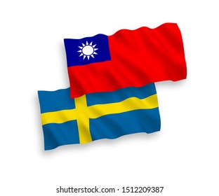 National vector fabric wave flags of Sweden and Taiwan isolated on white background. 1 to 2 proportion.