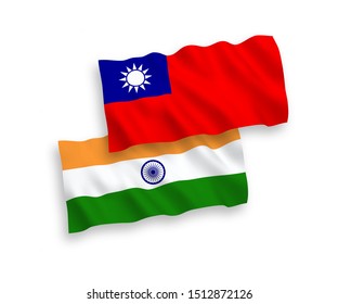 National vector fabric wave flags of India and Taiwan isolated on white background. 1 to 2 proportion.