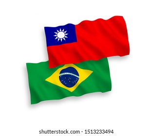 National vector fabric wave flags of Brazil and Taiwan isolated on white background. 1 to 2 proportion.