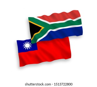 National vector fabric wave flags of Taiwan and Republic of South Africa isolated on white background. 1 to 2 proportion.