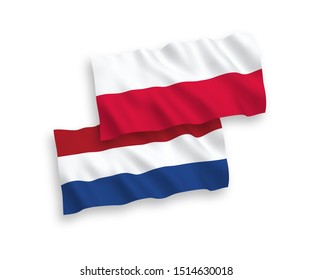 National vector fabric wave flags of Netherlands and Poland isolated on white background. 1 to 2 proportion.