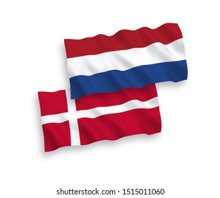 National vector fabric wave flags of Denmark and Netherlands isolated on white background. 1 to 2 proportion.