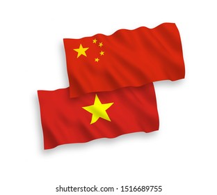 National vector fabric wave flags of Vietnam and China isolated on white background 1 to 2 proportion.