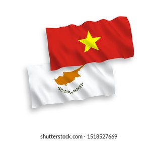 National vector fabric wave flags of Cyprus and Vietnam isolated on white background. 1 to 2 proportion.