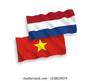 National vector fabric wave flags of Vietnam and Netherlands isolated on white background. 1 to 2 proportion.