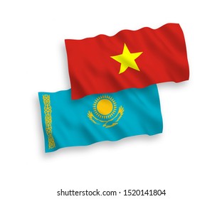National vector fabric wave flags of Kazakhstan and Vietnam isolated on white background. 1 to 2 proportion.